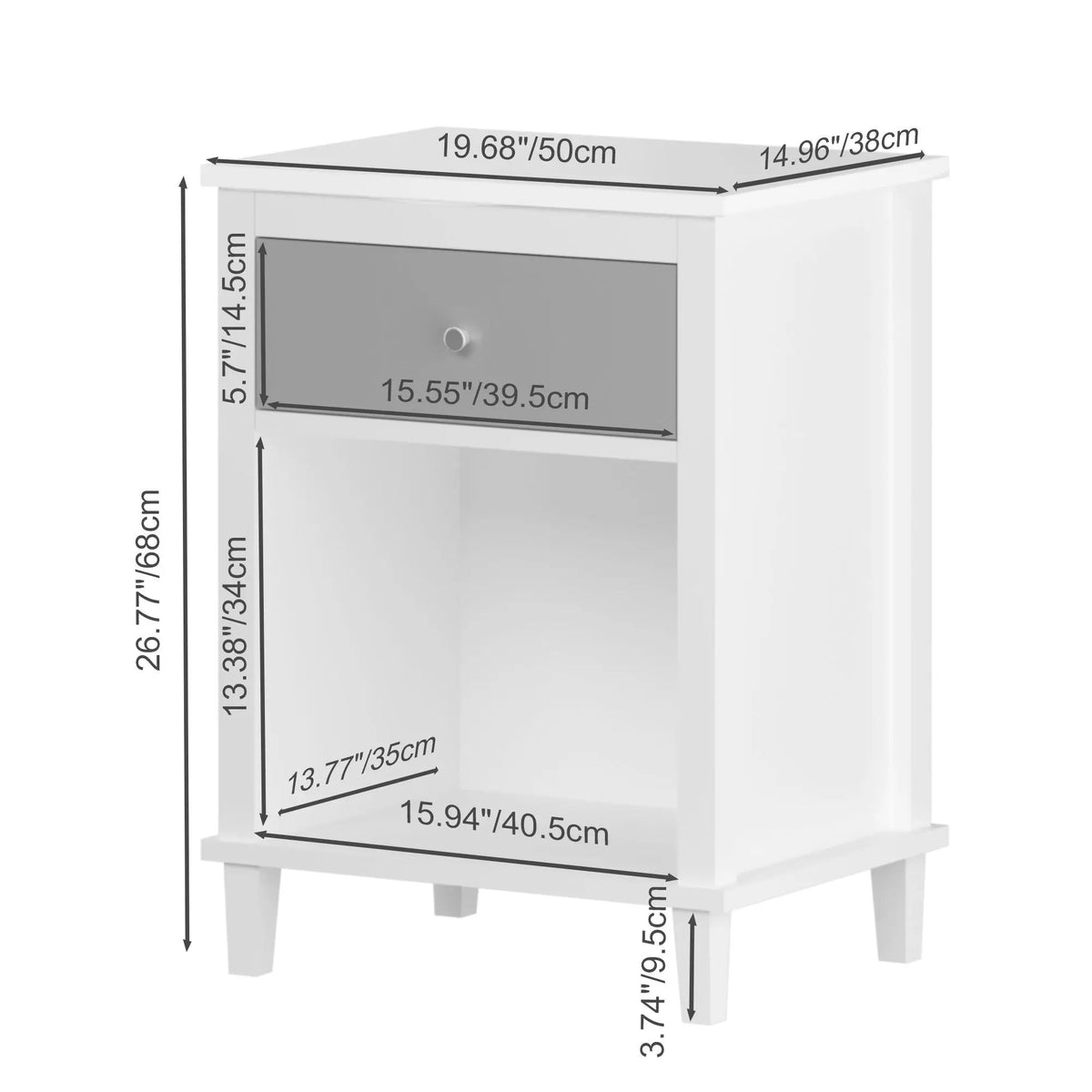 Nightstand With 1 Drawer And 1 Shelf | Aluminum Handles | Tip-Over Restraint | Child-Safe Design