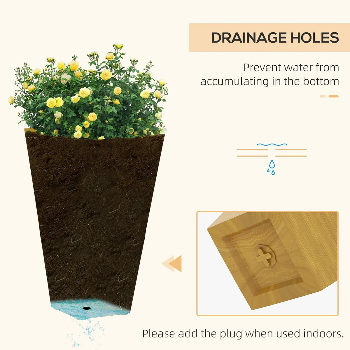 Outsunny Tapered Outdoor Planters | Set Of 3 | Faux Wood Grain Look | Drainage Holes And Plug