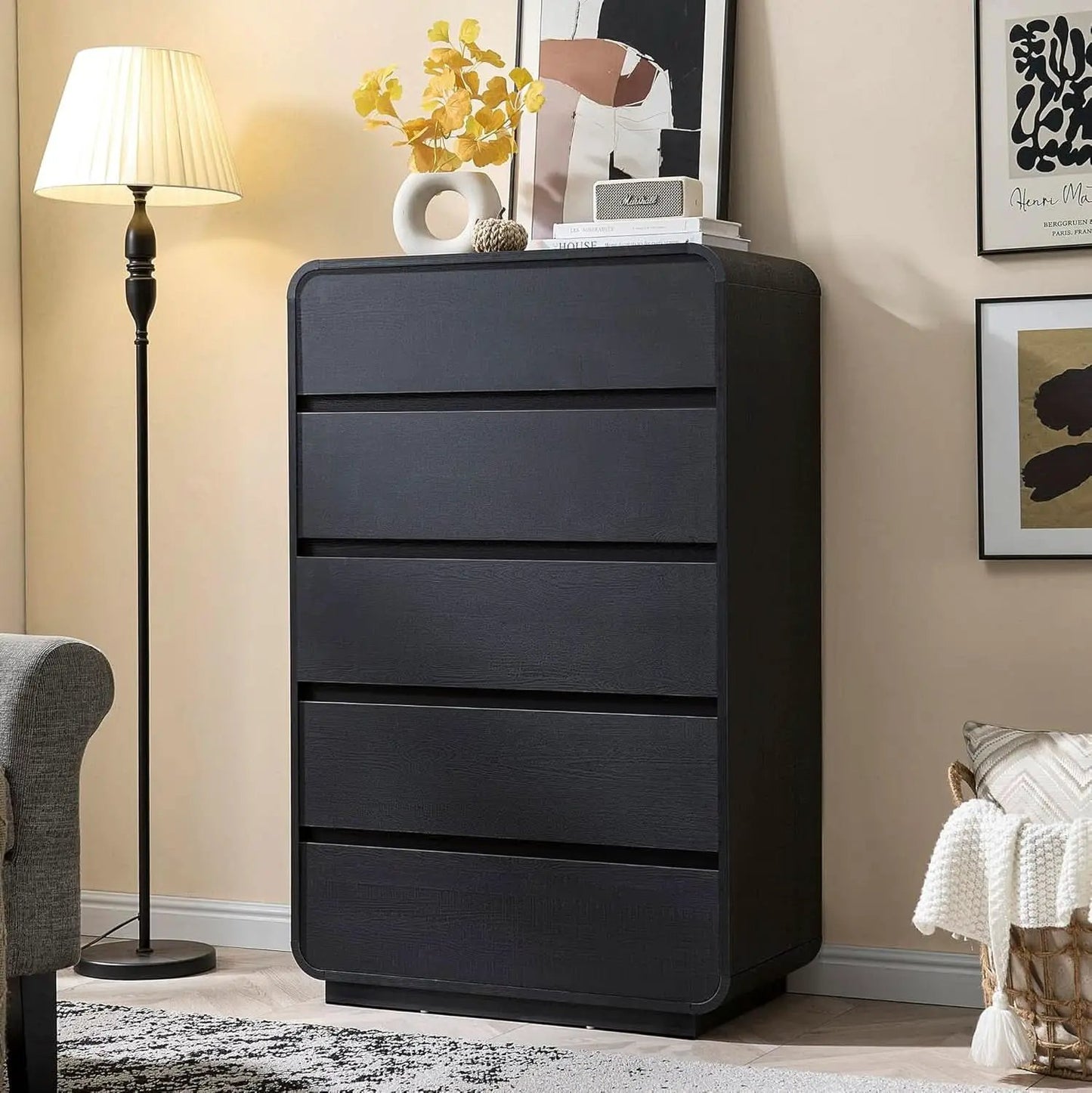 Black Hardwood Dresser With Curved Front Storage Panel from PriceLows™