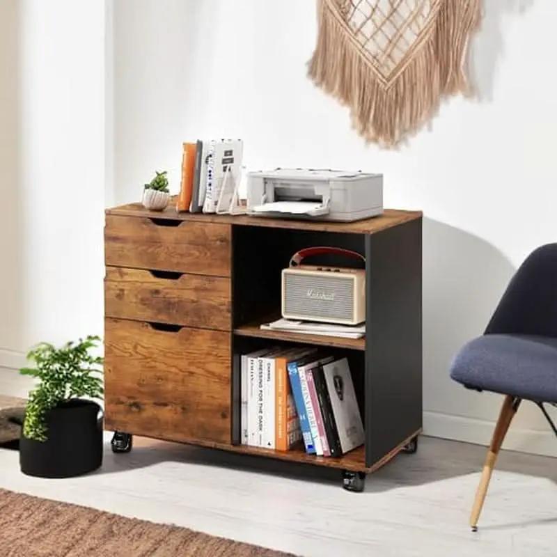 Mobile 3 Drawer Wood File Cabinet With Open Storage Shelves Rustic Brown from PriceLows™