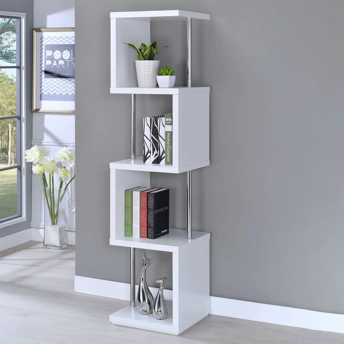 Baxter 67-inch 4-shelf Bookshelf White and Chrome Standard Bookcase | 15.5 x 15.5 x 66.5 in | Steel | Home Office