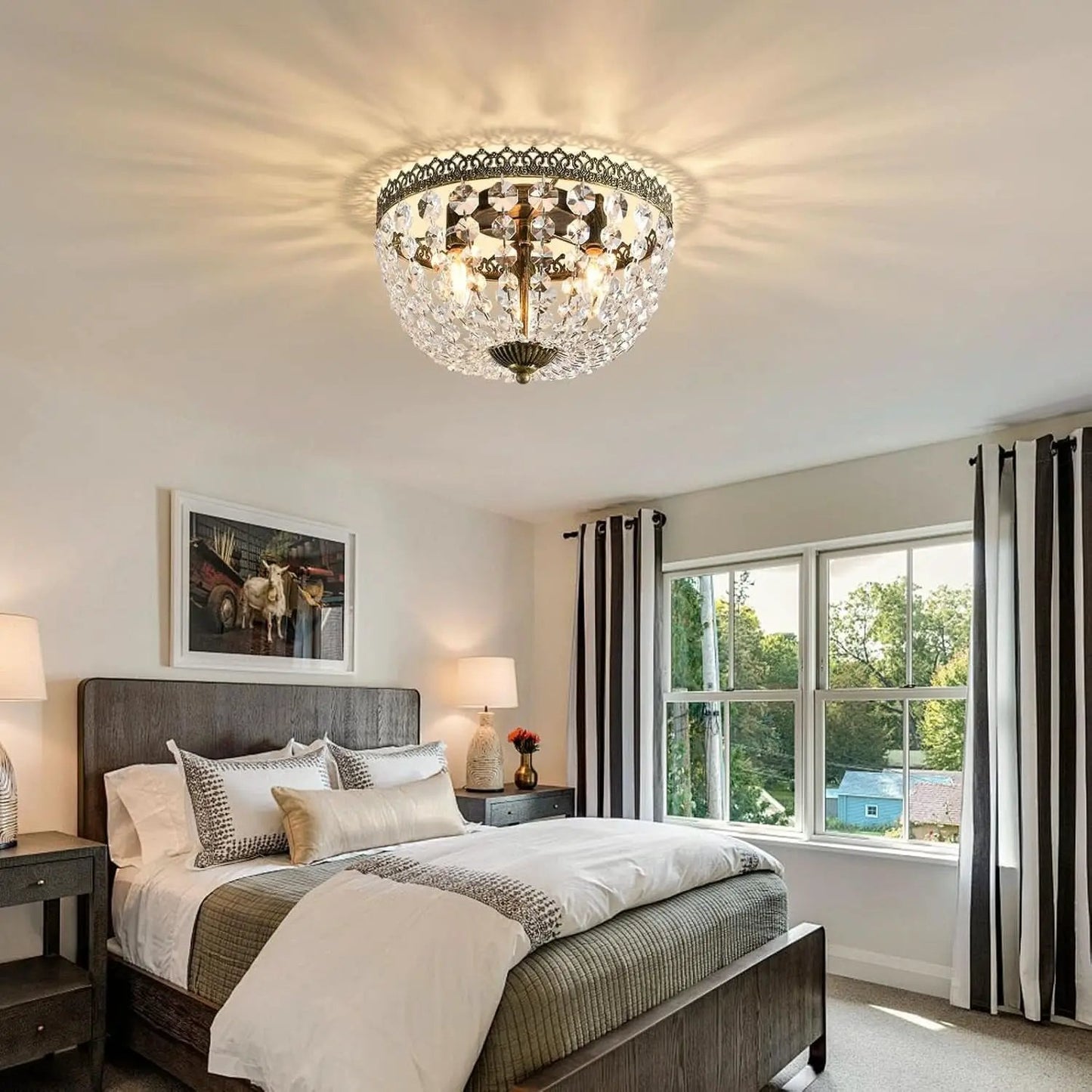 Three Light French Empire Crystal Chandelier Antique Bronze Dimmable Flush Mount from PriceLows™
