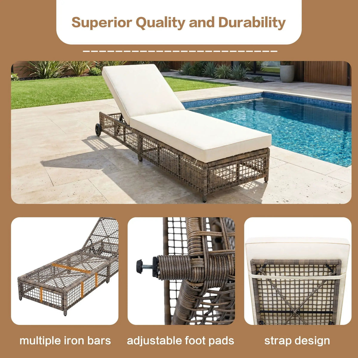 Outdoor Lounge Chair | 5 Position Reclining | Portable Wheels