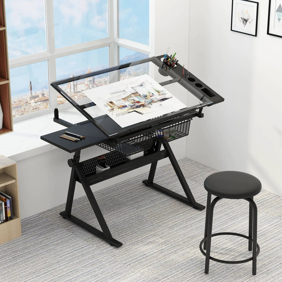Tempered Glass Drafting Table | Adjustable Tilt 0 To 75 Degrees | Two Metal Drawers | Chair Included