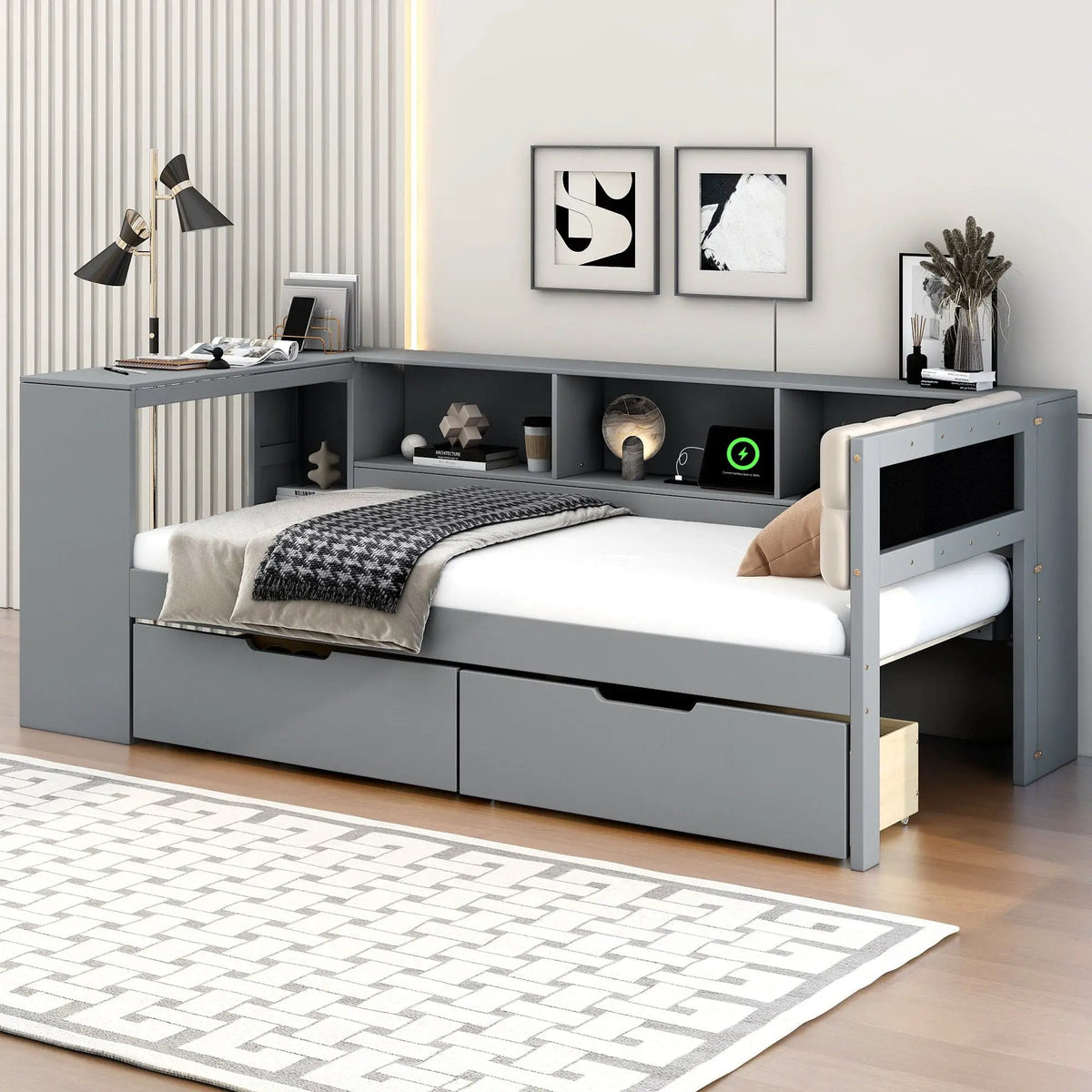 Upholstered Headboard Platform Bed | Storage Shelves | Two Drawers | Charging Station