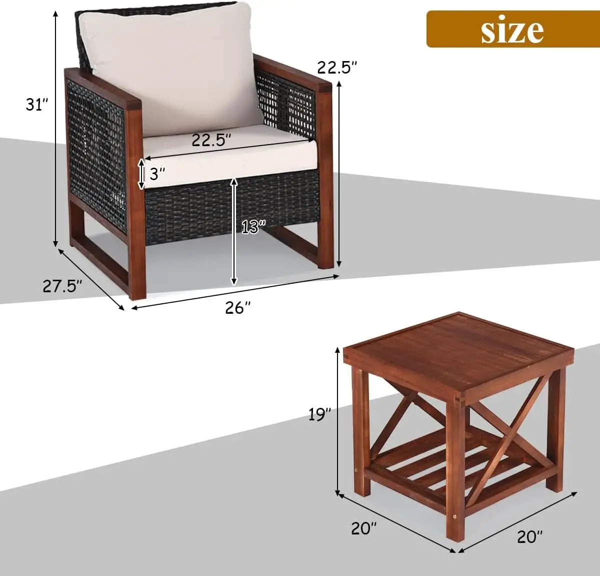 3 Piece Patio Wicker Furniture Set With Beige Washable Cushions And Acacia Wood Coffee Table from PriceLows™