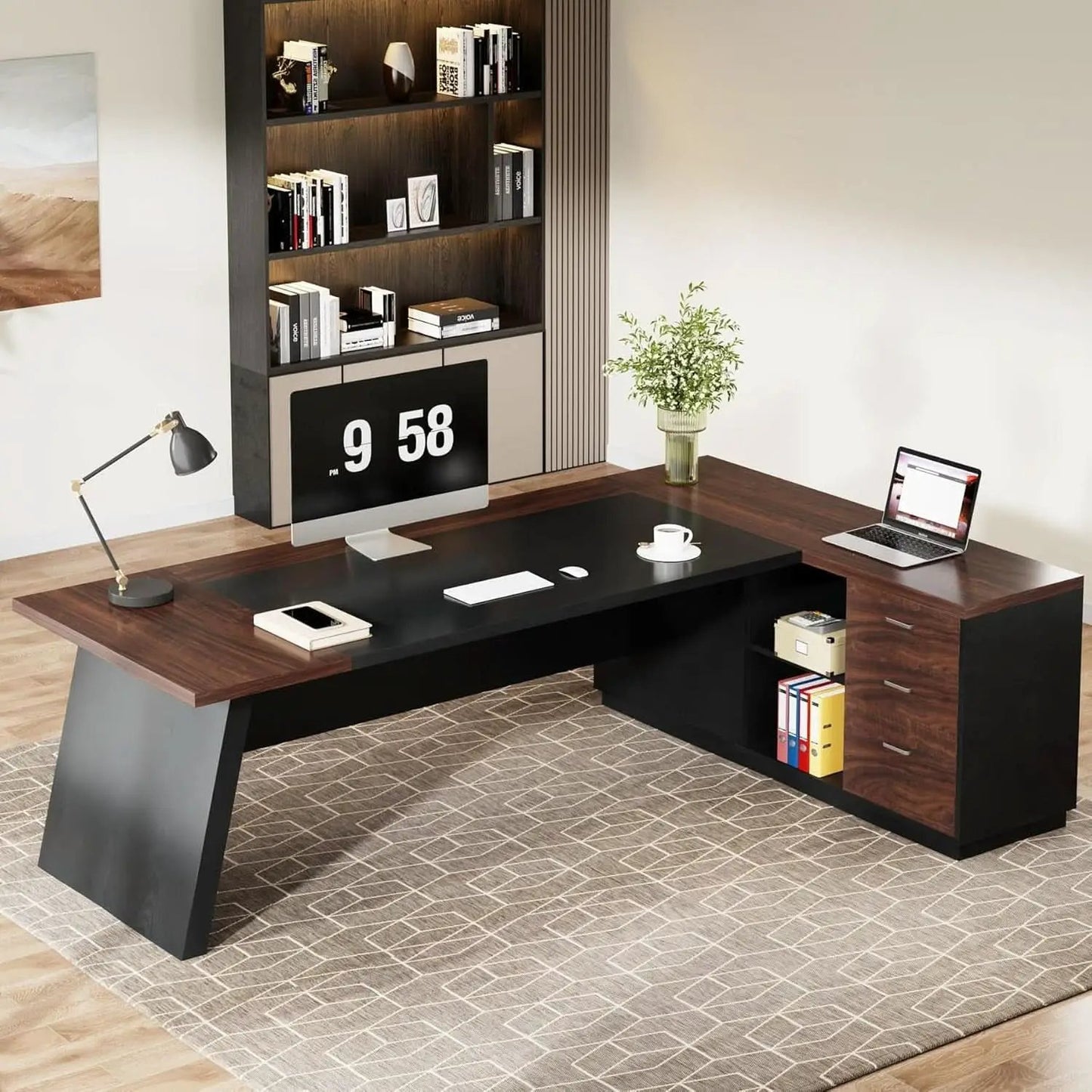 78 Inch L Shaped Executive Desk Walnut Black For Home Office from PriceLows™