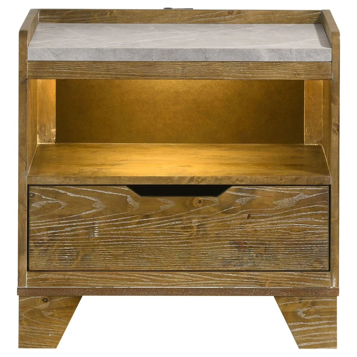 Henderson 1-drawer LED Nightstand Bedside Table Medium | 23.25 x 15.5 x 23.5 in | Rubberwood & Faux Marble | Oak