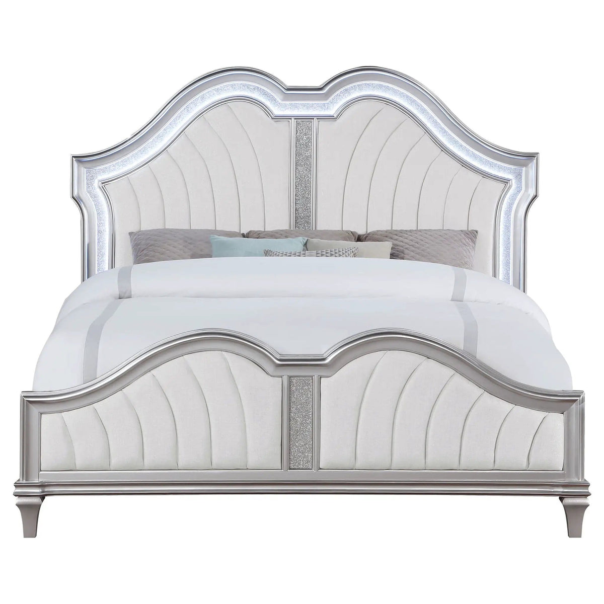 Evangeline Wood Eastern King LED Panel Bed Silver | 85.75 x 88.25 x 66.5 in | Chenille & Wood | Oak