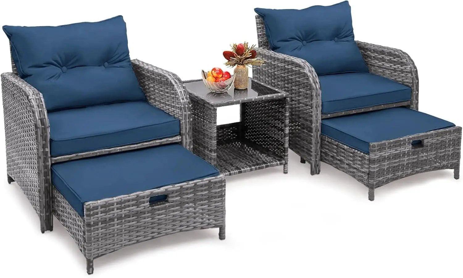 5 Pieces Wicker Outdoor Patio Chairs Set With Ottoman Blue from PriceLows™
