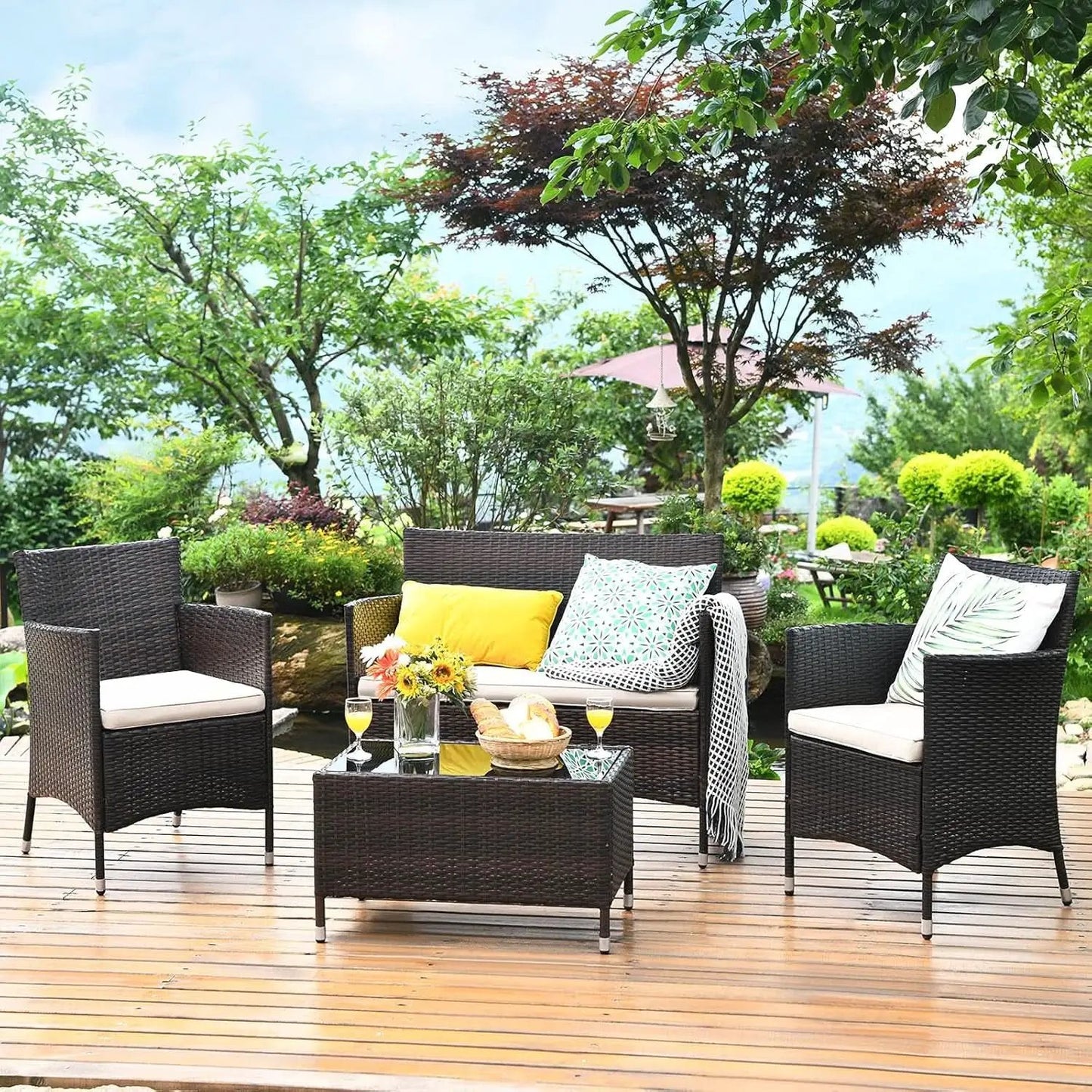 4-Piece Outdoor Rattan Conversation Set with Cushions from PriceLows™