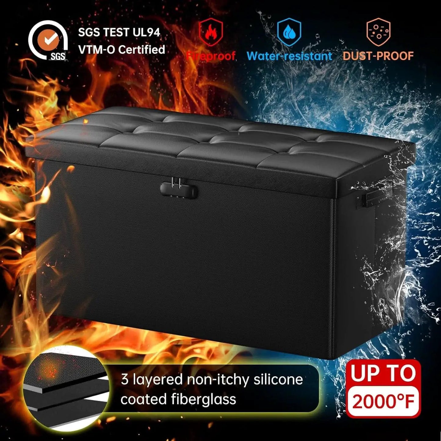 Storage Ottoman Bench 30 Inches Black Storage Lock Pro from PriceLows™
