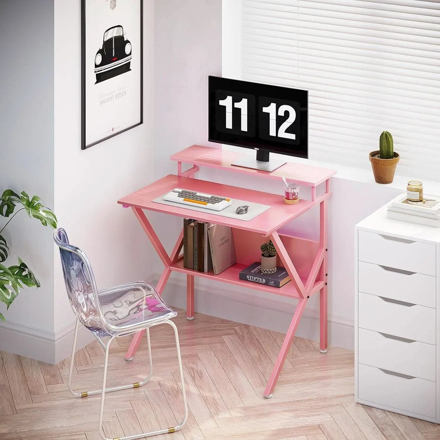 27.5-Inch Pink Desk With Monitor Stand For Small Spaces from PriceLows™