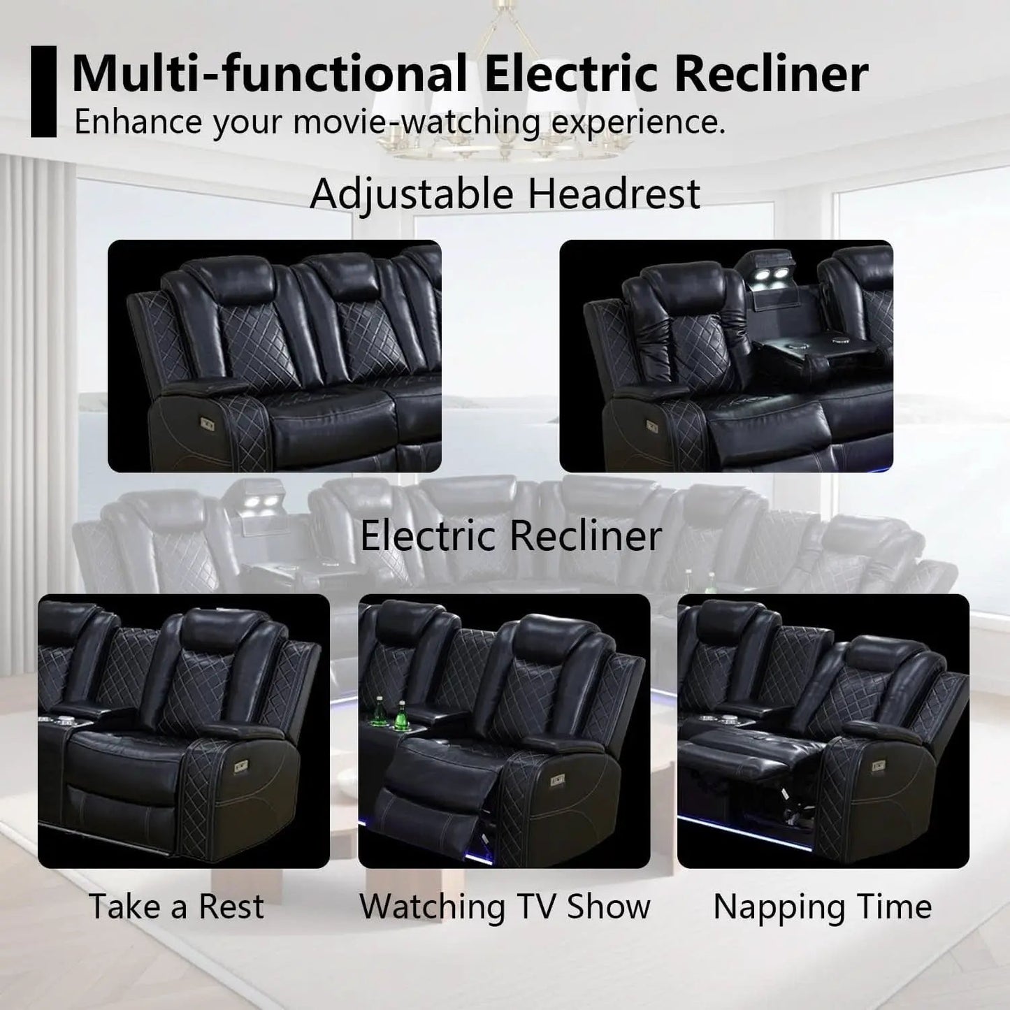 Black Leather Power Reclining Sectional Sofa Living Room from PriceLows™