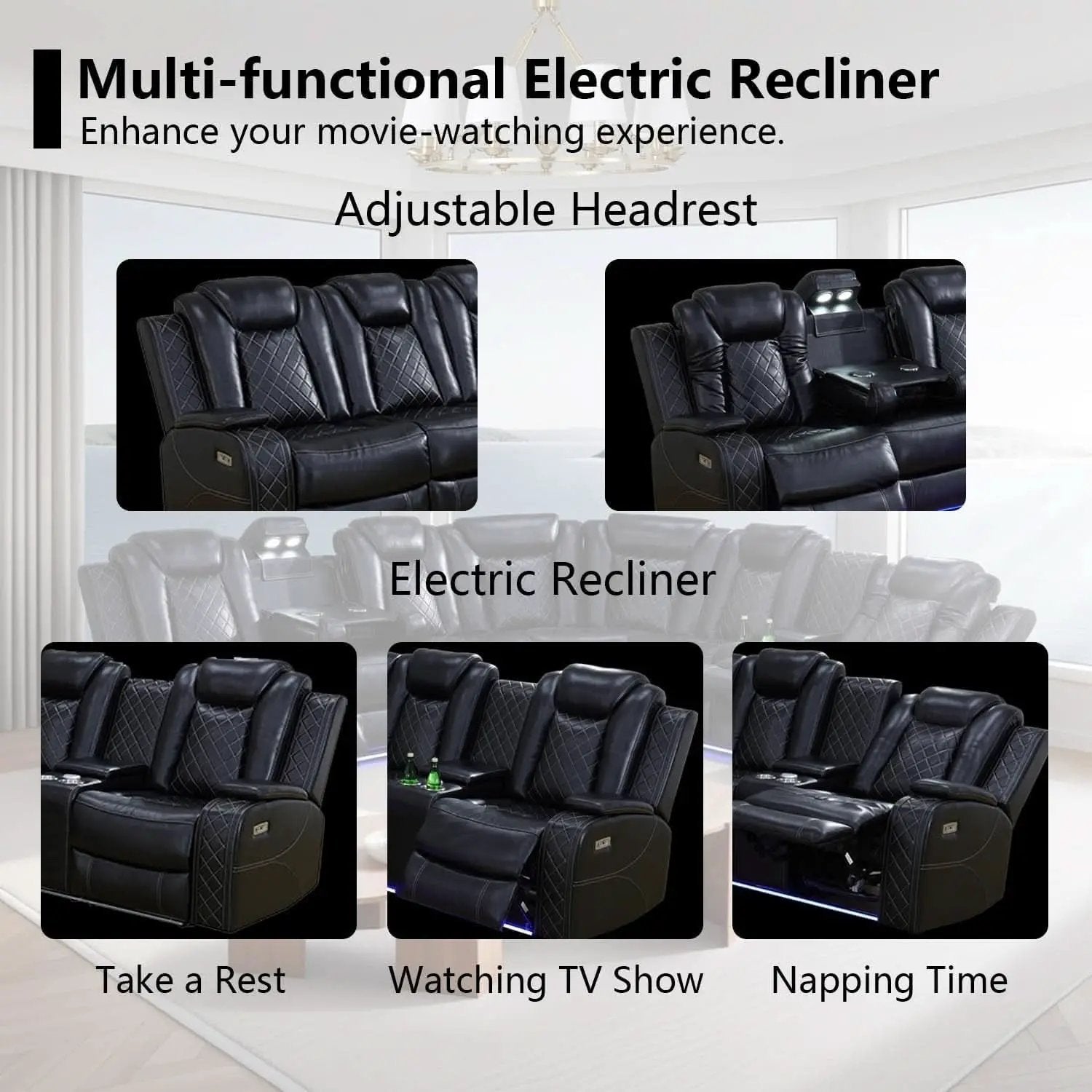 Black Leather Power Reclining Sectional Sofa Living Room from PriceLows™