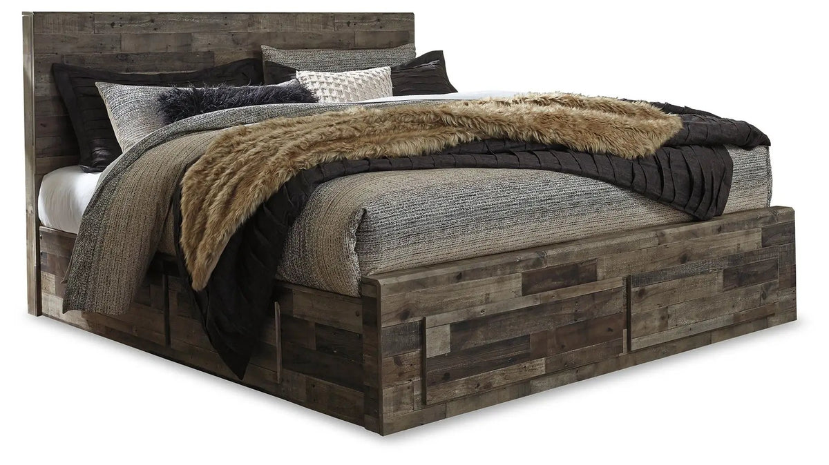 Derekson Panel Bedroom Set | 4-Piece | Rustic Butcher Block Finish | Replicated Pine Grain