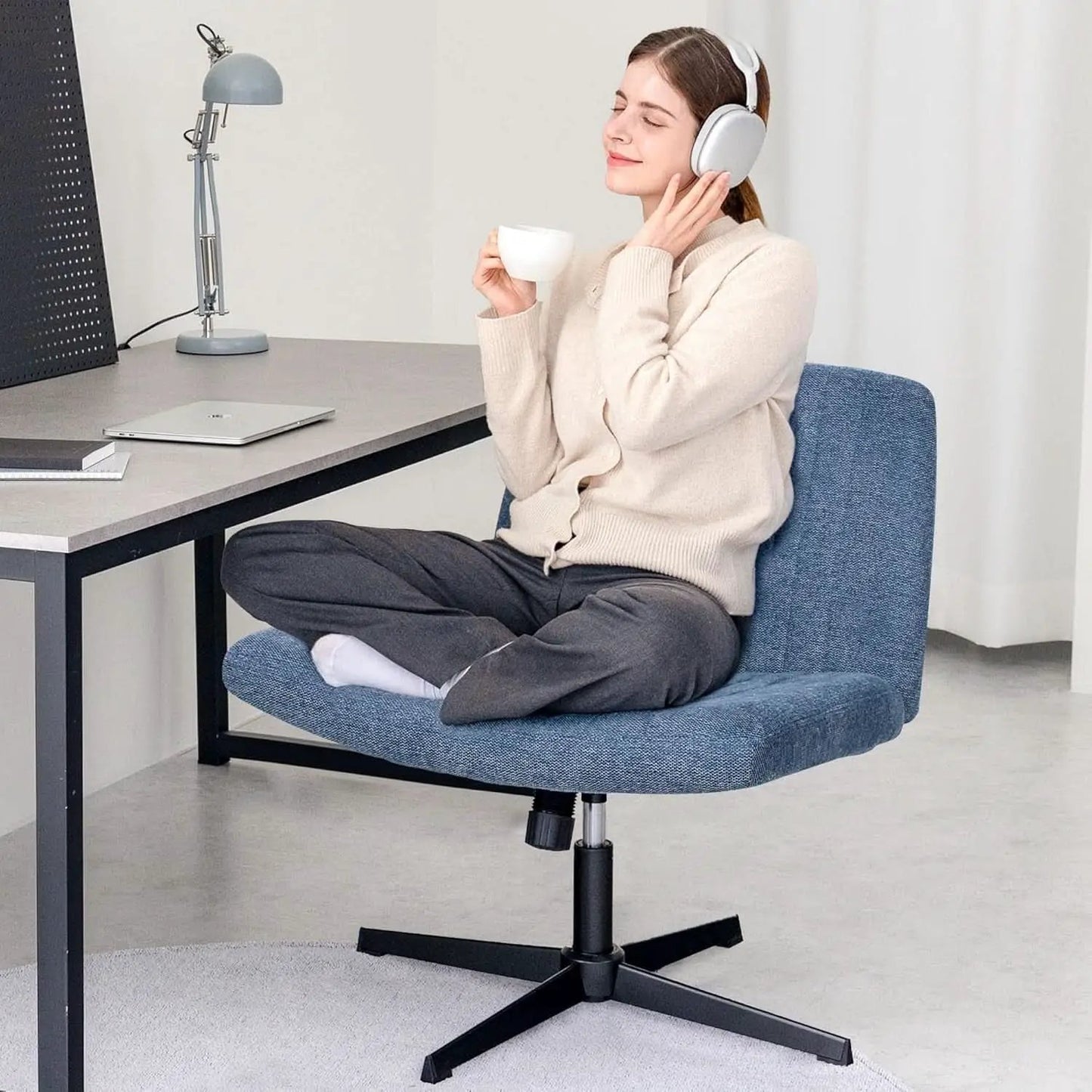 Blue Fabric Padded Cross Legged Office Chair Height Adjustable from PriceLows™