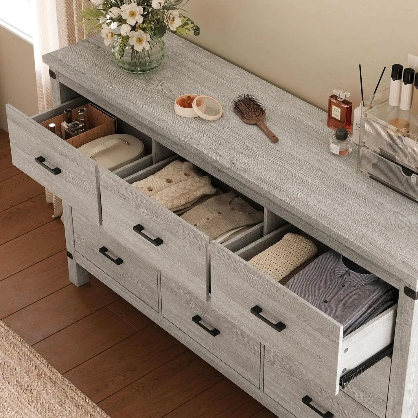 59 Inch Washed Grey Modern Farmhouse DresserWithNineDrawers from PriceLows™