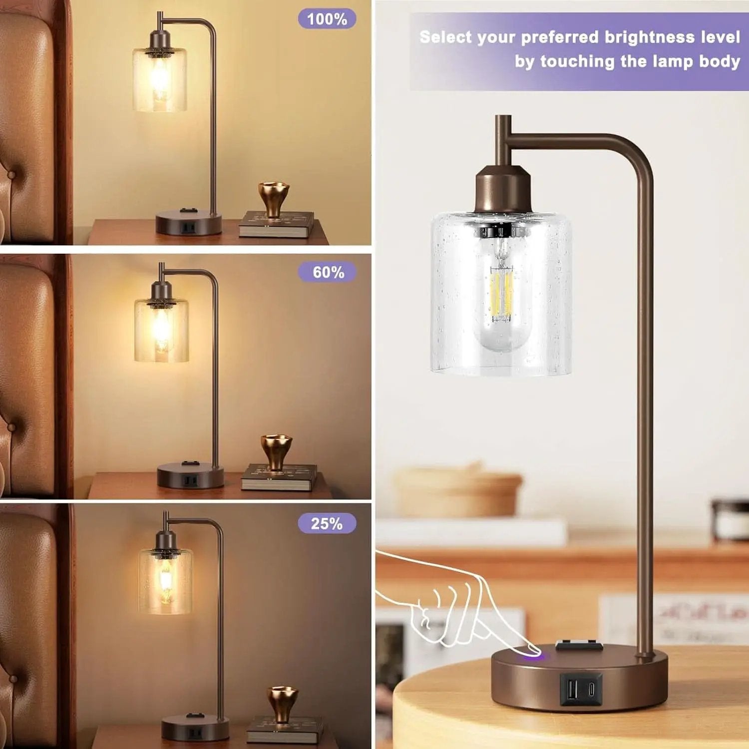 Brown Table Lamps 3-Way Dimmable With USB Ports Set Of 2 from PriceLows™