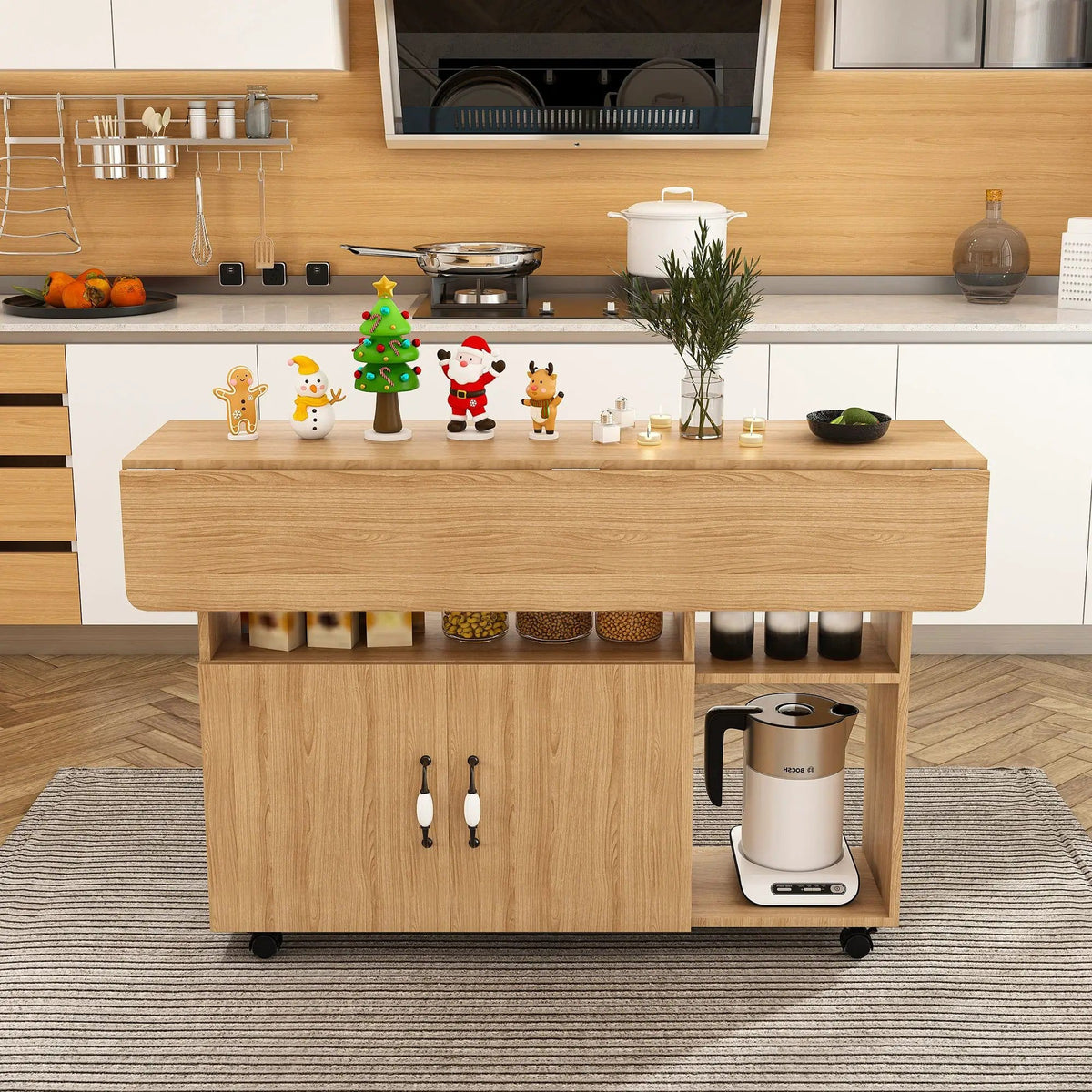 Multi Functional Folding Table With Storage Shelves And Wheels Island | 3 Pieces | Home Furniture | Home