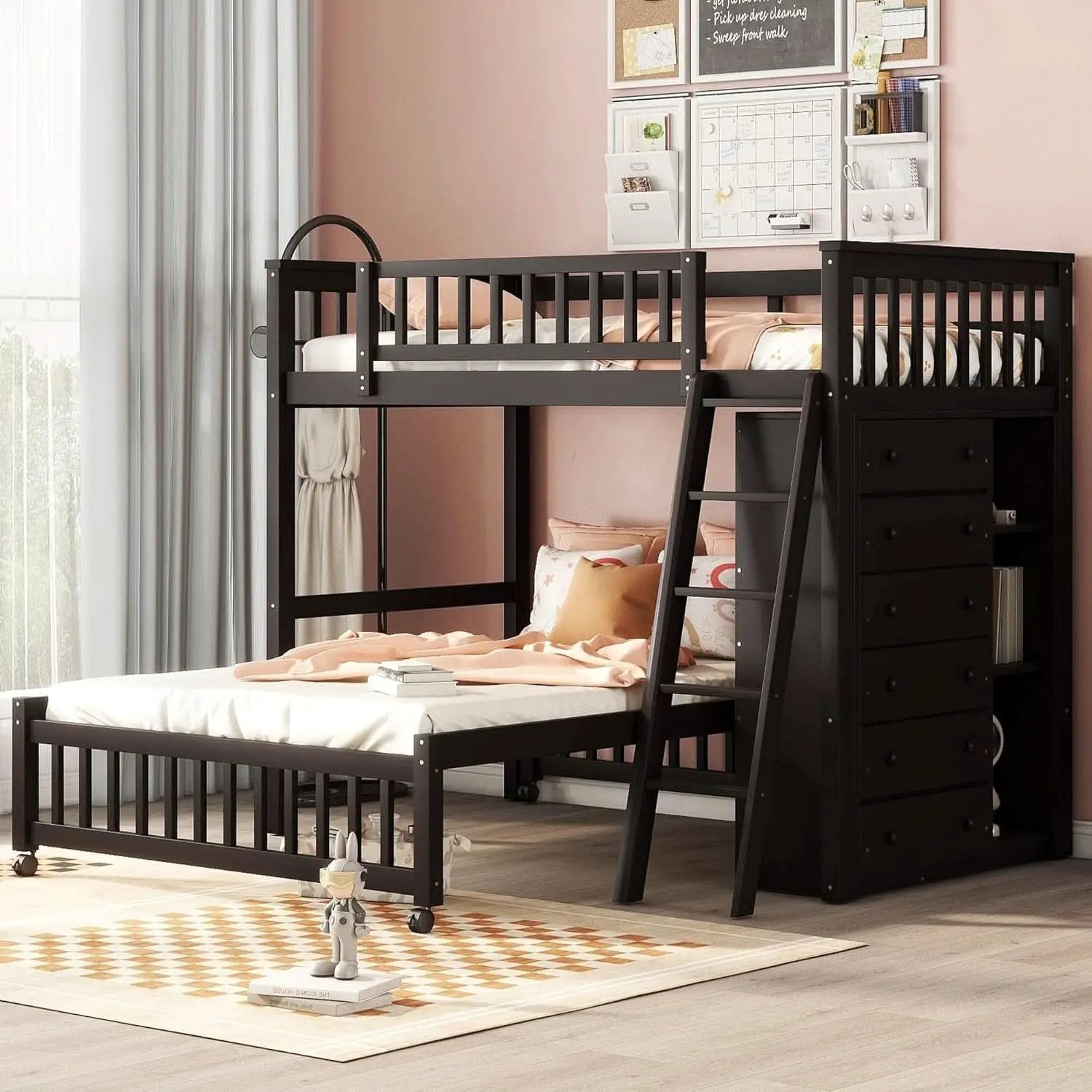 Espresso Twin Over Full Bunk Bed With Six Drawers Shelves from PriceLows™