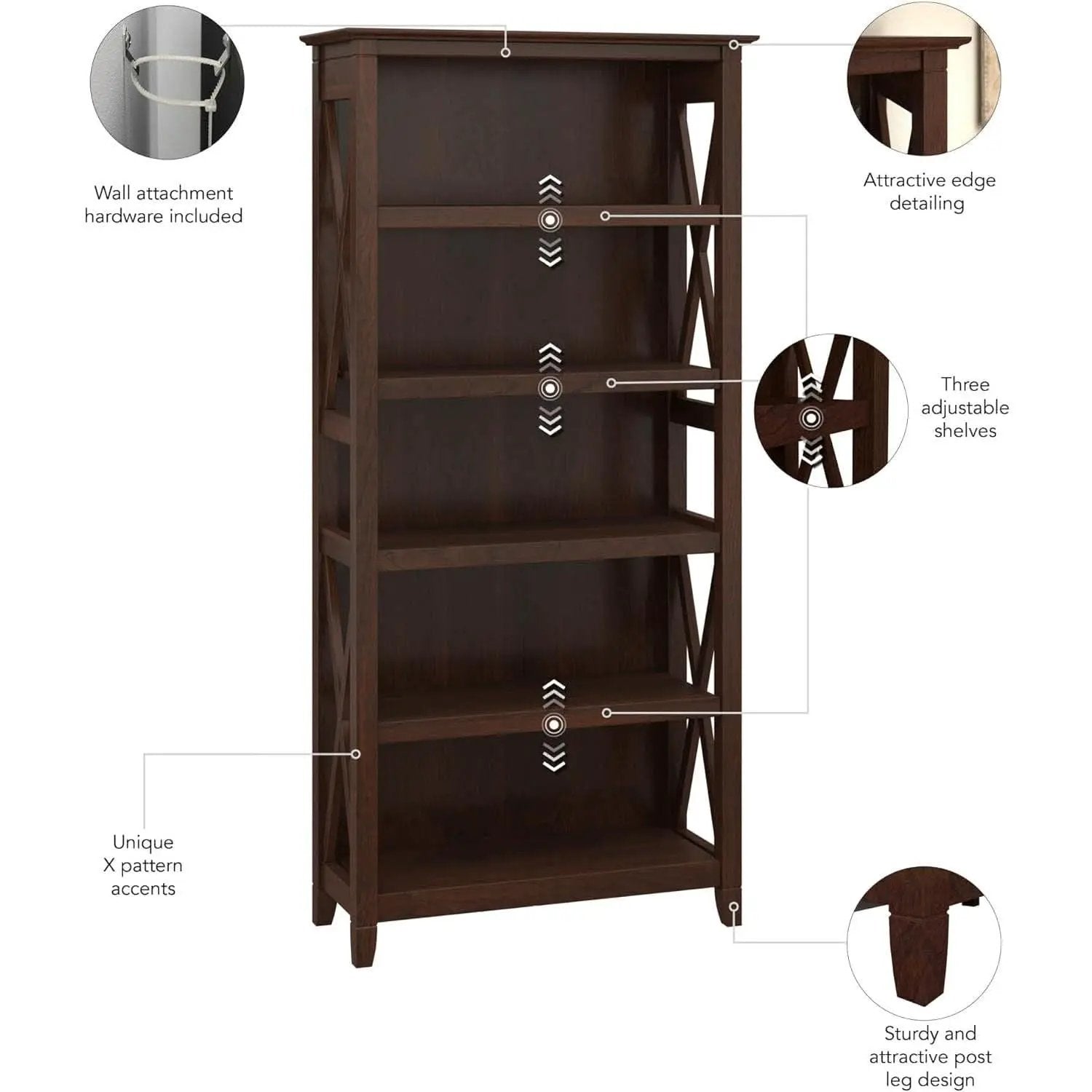 Bush Furniture Tall 5 Shelf Bookcase Bing Cherry Finish from PriceLows™