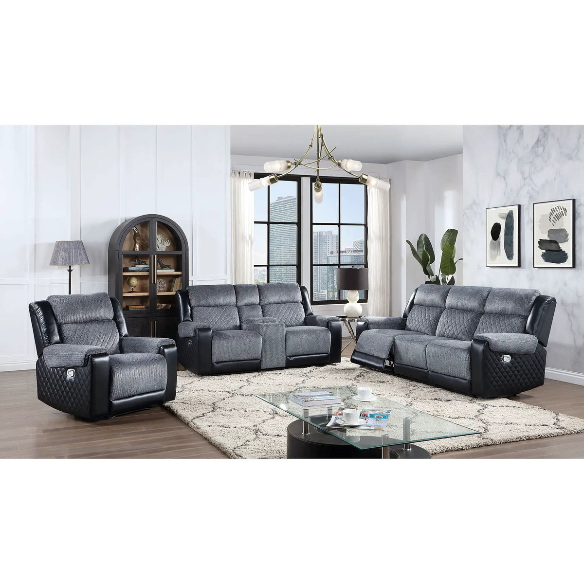 Alicia Reclining Sofa | Glider Recliner | Two-Toned Dark Gray Fabric | 85.75 Inch Length