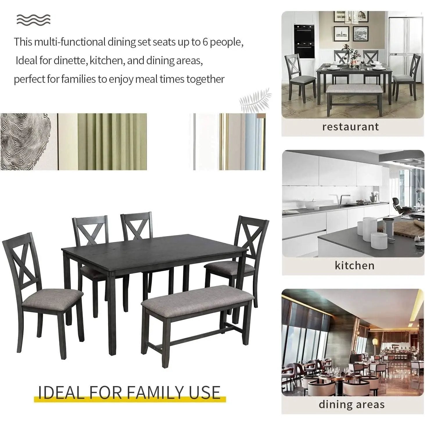 Elegant Grey Rectangular Dining Table Set For Six People from PriceLows™