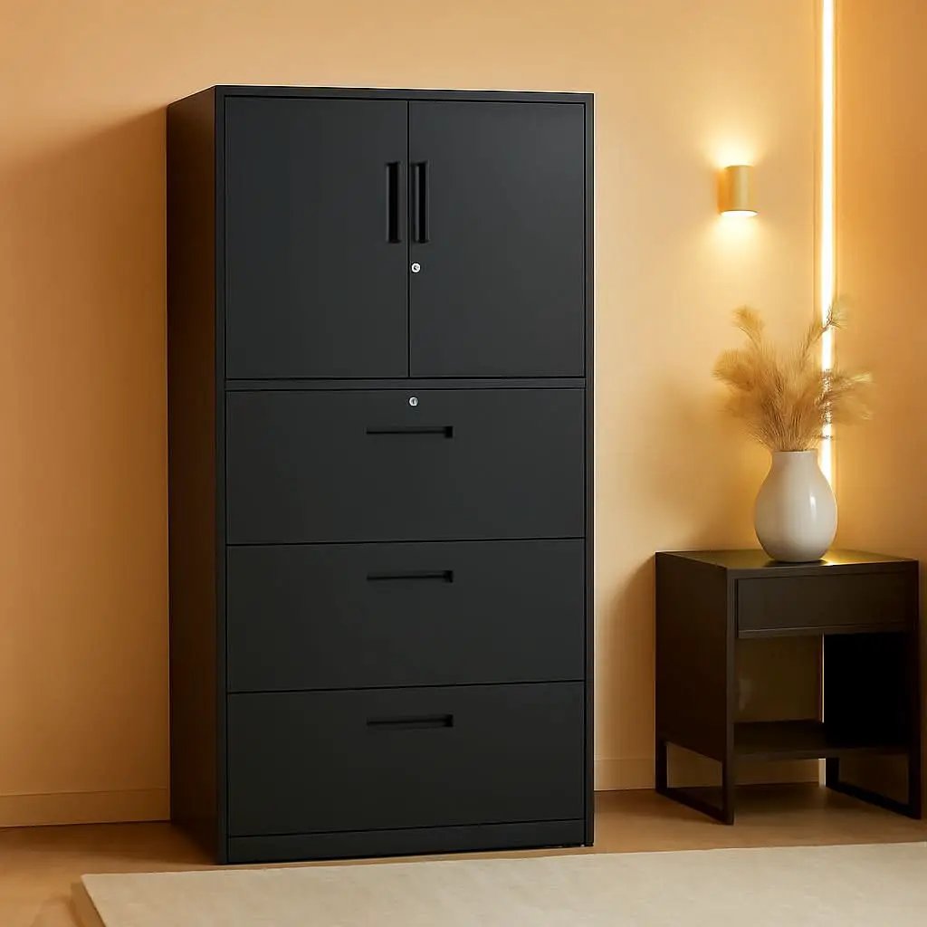 Three Drawer Metal File Cabinet Locking With Storage Shelves Black For Legal Letter A4 Documents from PriceLows™