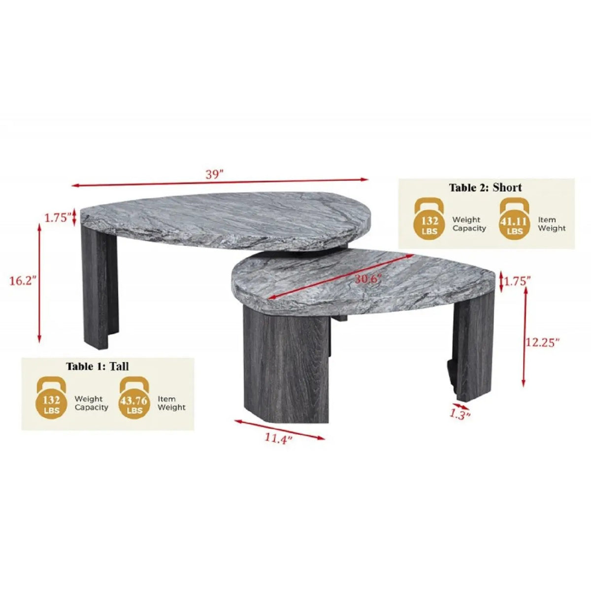 Triangle Nesting Coffee Table Set | Faux Marble | Gray | Set Of 2