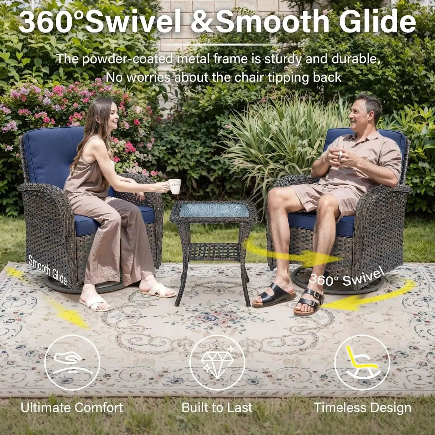 Patio Wicker Swivel Rocker Chairs Set Of 2 With Glass Top Side Table Brown Blue from PriceLows™
