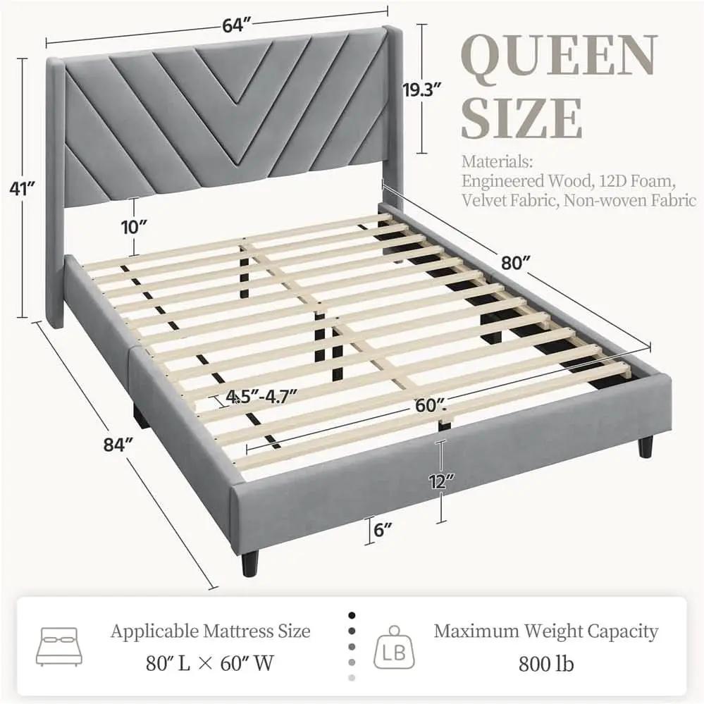 Queen Upholstered Bed Frame With Winged Tufted Headboard Light Gray from PriceLows™