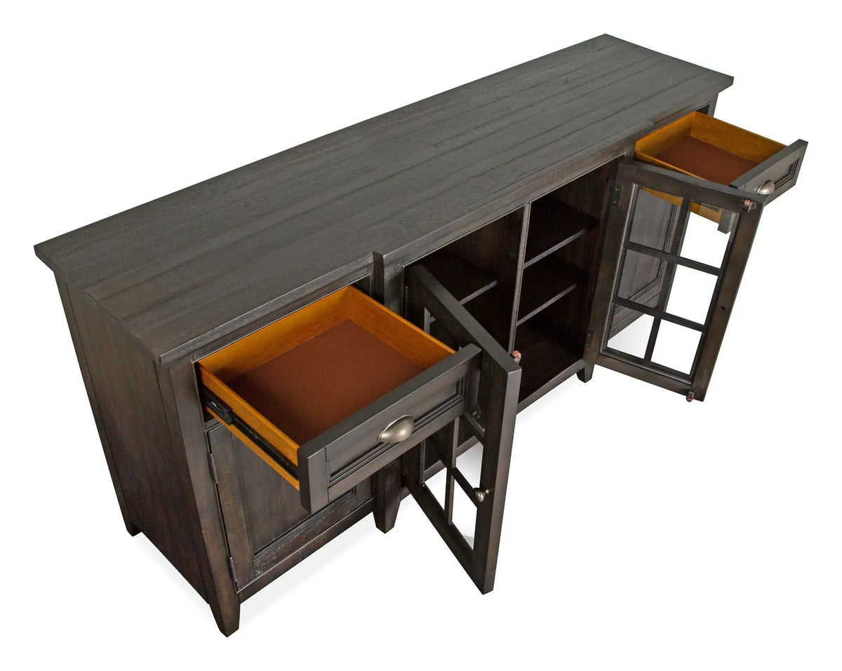 Westley Falls Entertainment Console | Wood Framed Glass Doors | Felt Lined Top Drawers | 70 Inch Width