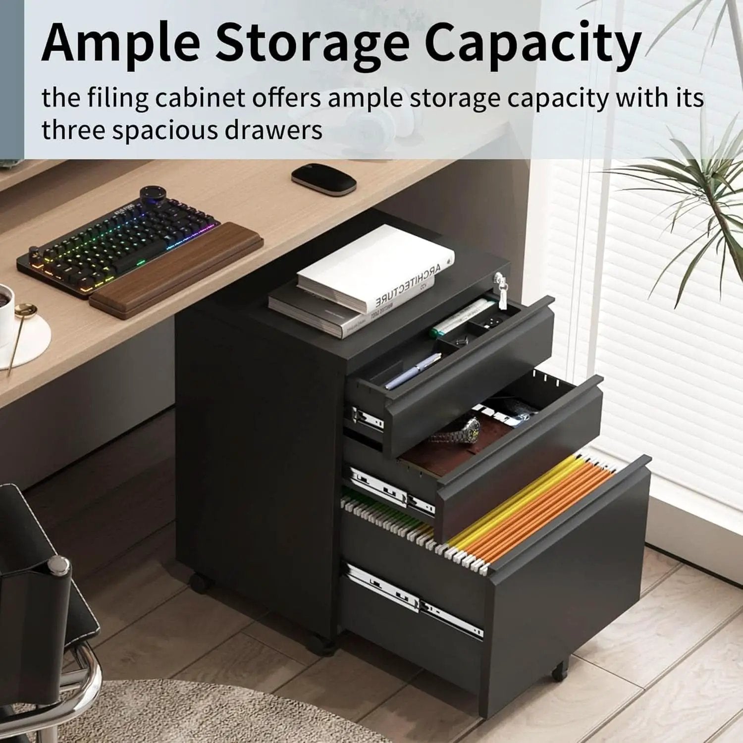 3 Drawer File Cabinet Under Desk Mobile Filing Cabinet With Lock For A4 Letter Legal Files Black from PriceLows™
