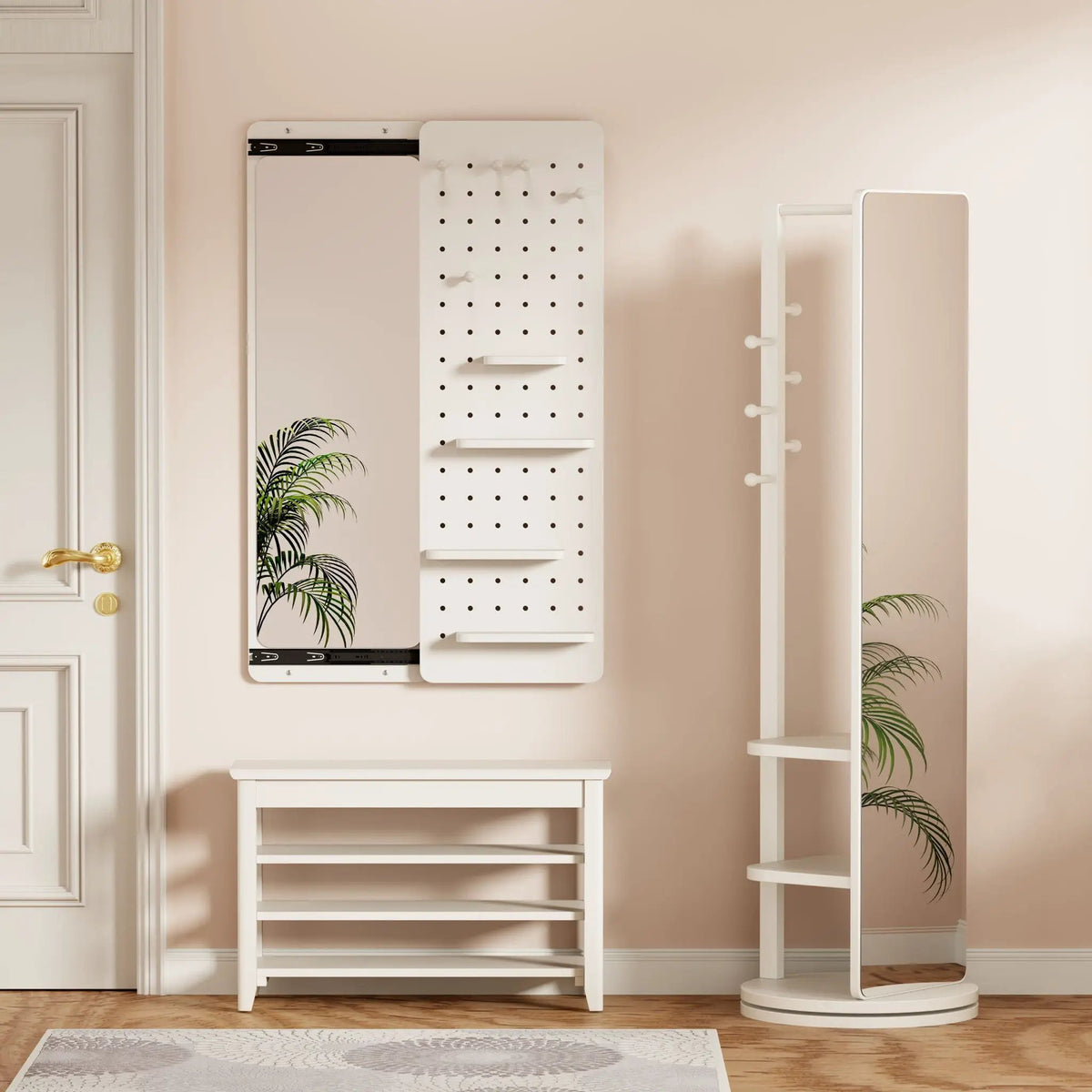 Wall Mounted Full Length Mirror | Shelf And Hook | Solid Rubber Wood | Push-Pull Removable Panel