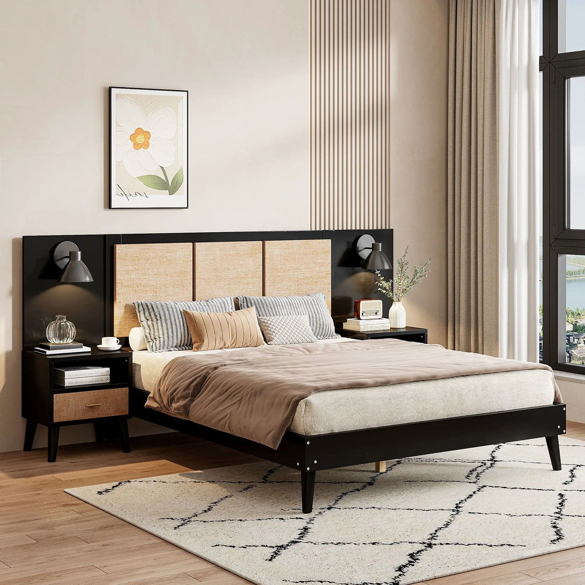 Bed Frame With 2 Nightstands Elegant Design With Lamps 3 Piece Bedroom Set | 84 x 98 x 41.3 in | Solid Wood & Rattan | Bedroom
