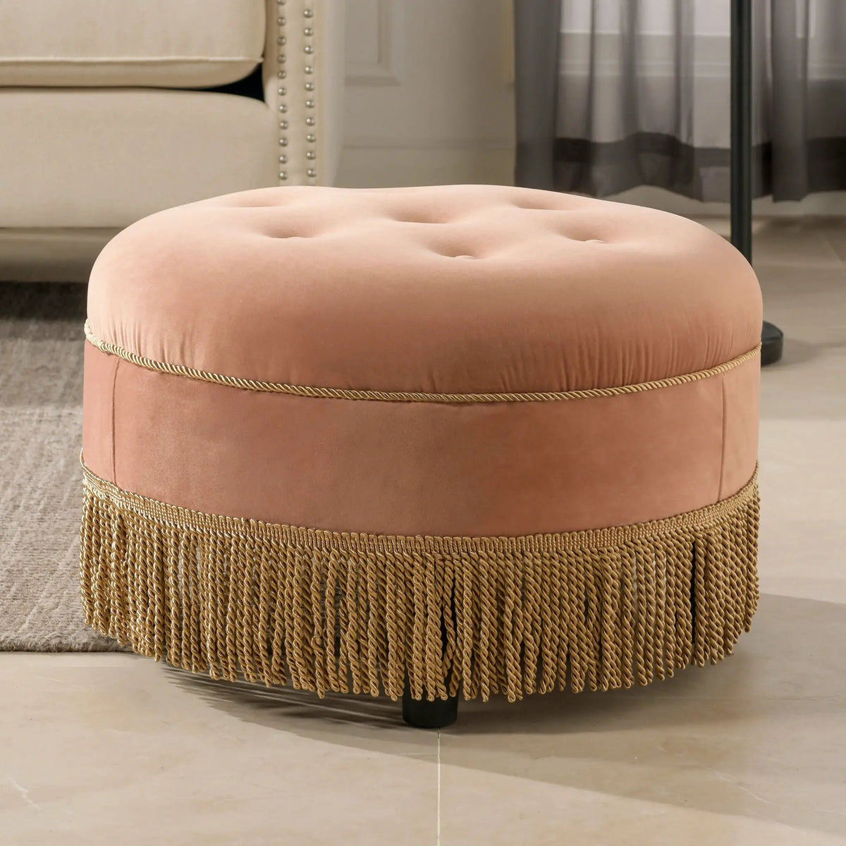 Yolanda Round Accent Ottoman | Handcrafted Quality | Kiln-Dried Hardwood Frame | 16 Inch Height