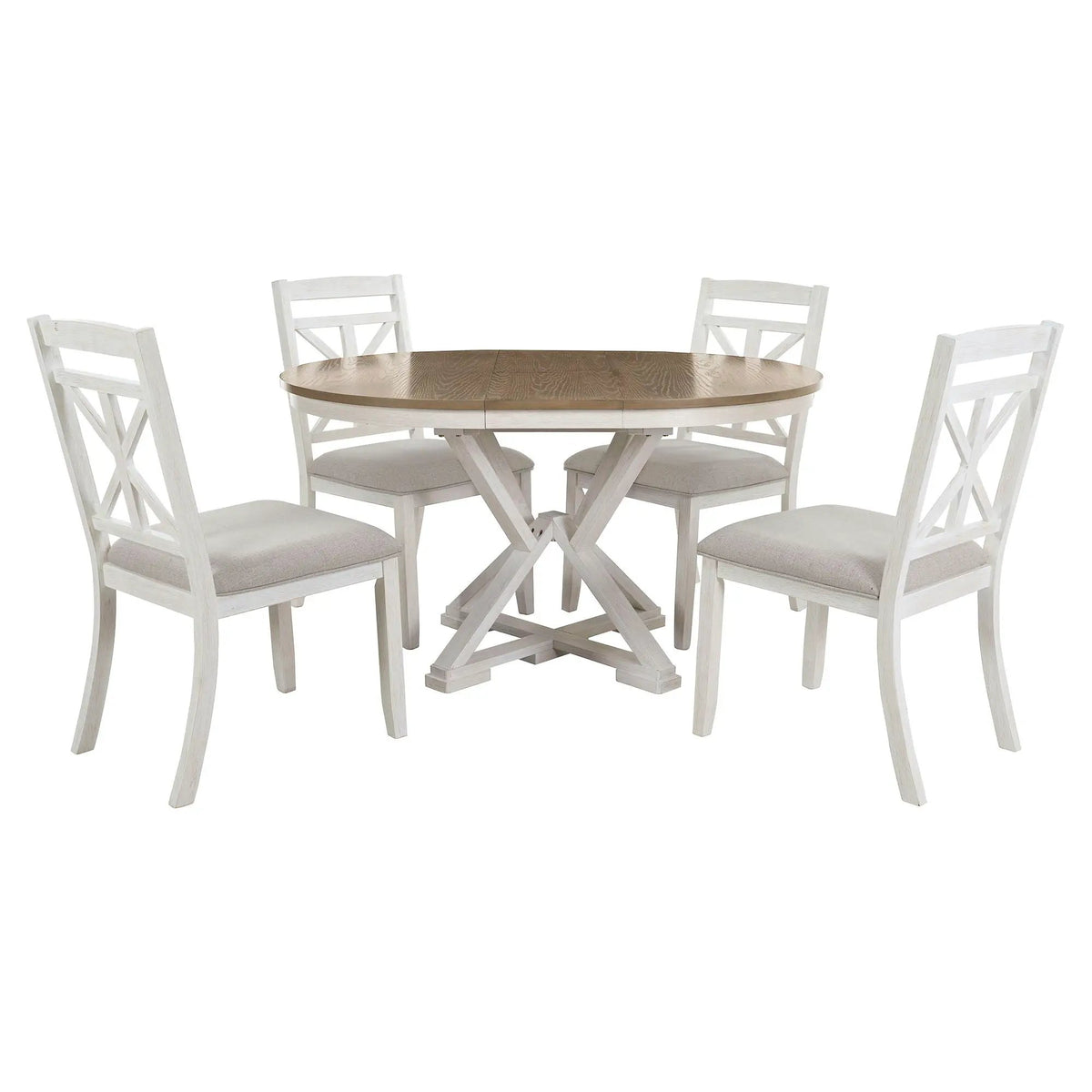 Dining Set | Extendable Round Table | 4 Upholstered Chairs | Linen