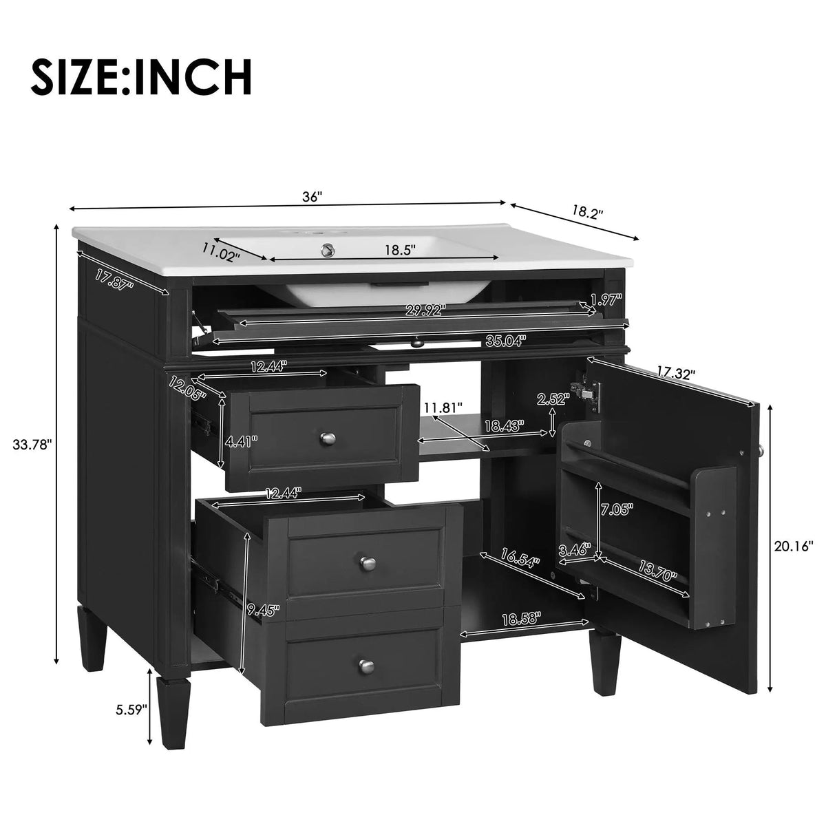 36 Inch Bathroom Vanity With Top Sink | 3 Drawers | Metal Drawer Slides | Ceramic Sink