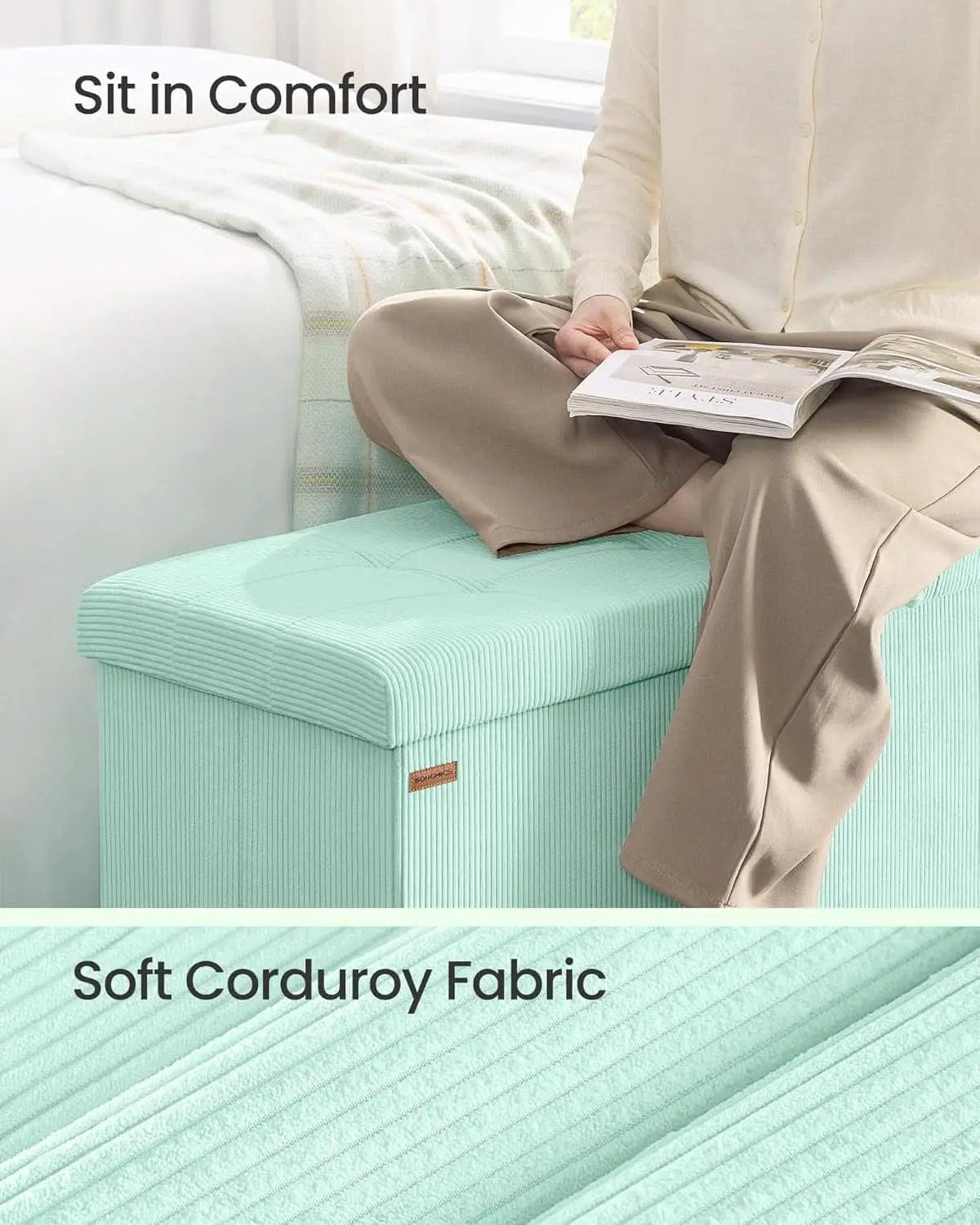Moon light Green Foldable Storage Ottoman Bench Room from PriceLows™