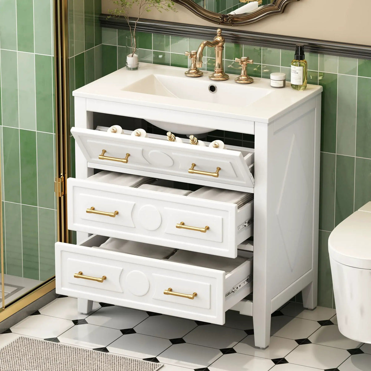 30 Inch Retro Bathroom Vanity | Free Standing Single Set | 3 Drawers | Solid Wood Frame