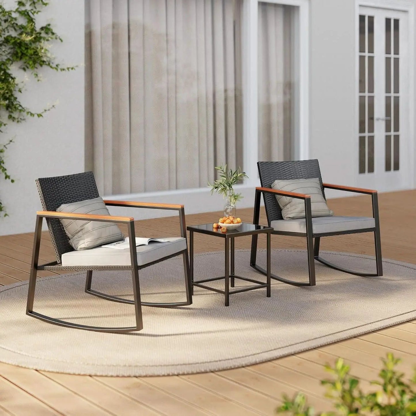 Outdoor Rocking Bistro Set With Cushions And Glass Table from PriceLows™