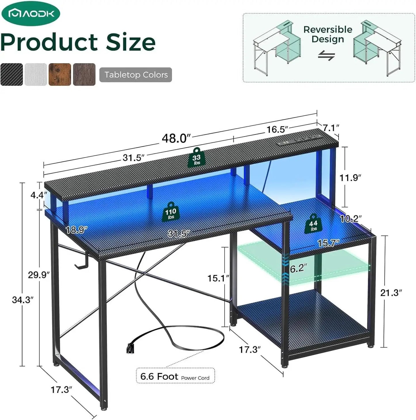 48 Inch LED Gaming Desk With Power Outlet And Shelves from PriceLows™