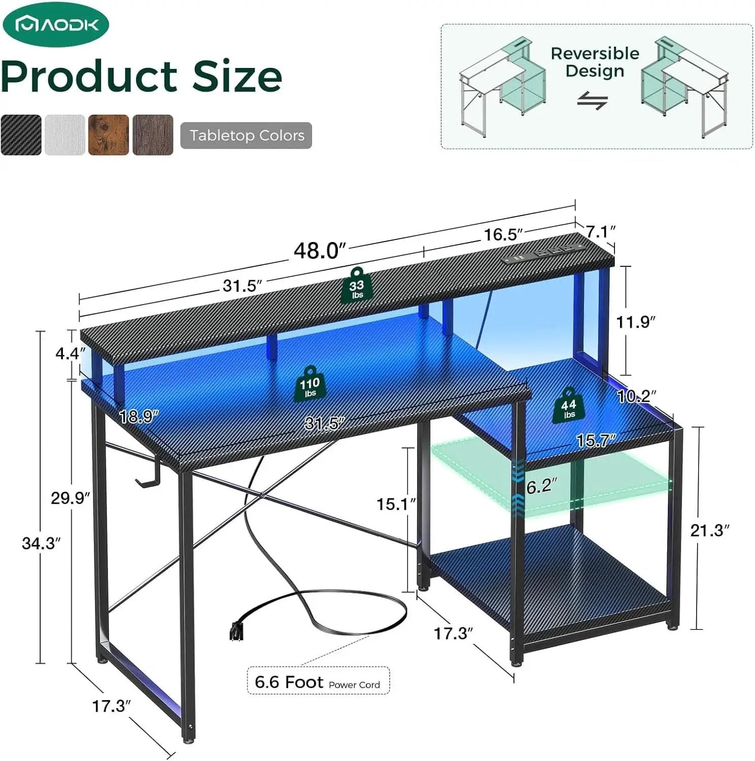 48 Inch LED Gaming Desk With Power Outlet And Shelves from PriceLows™