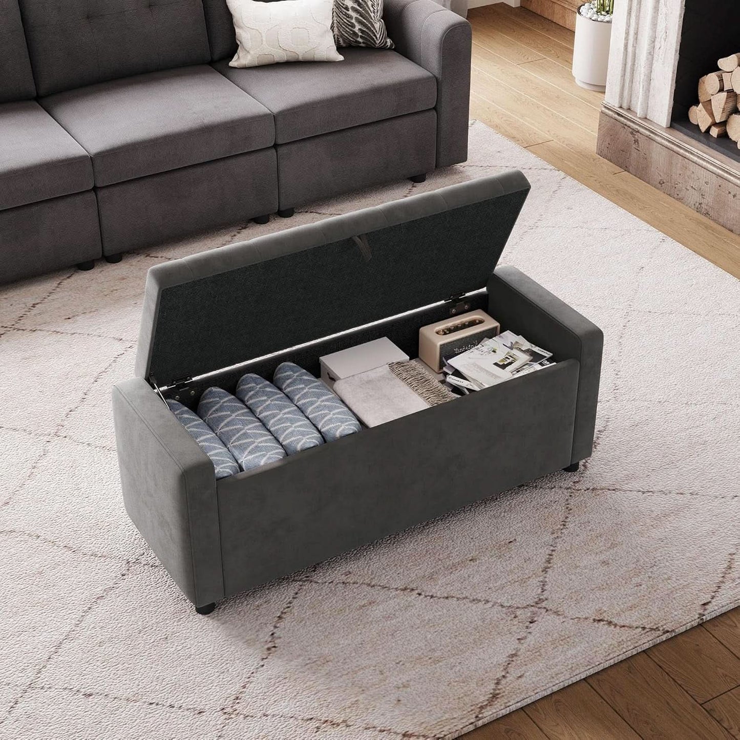 50 Inch Grey Luxurious Upholstered Storage Ottoman from PriceLows™