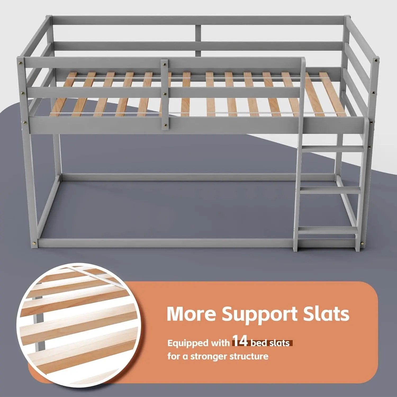 Grey Low Bunk Bed Twin Over Twin With Ladder For Kids Room from PriceLows™