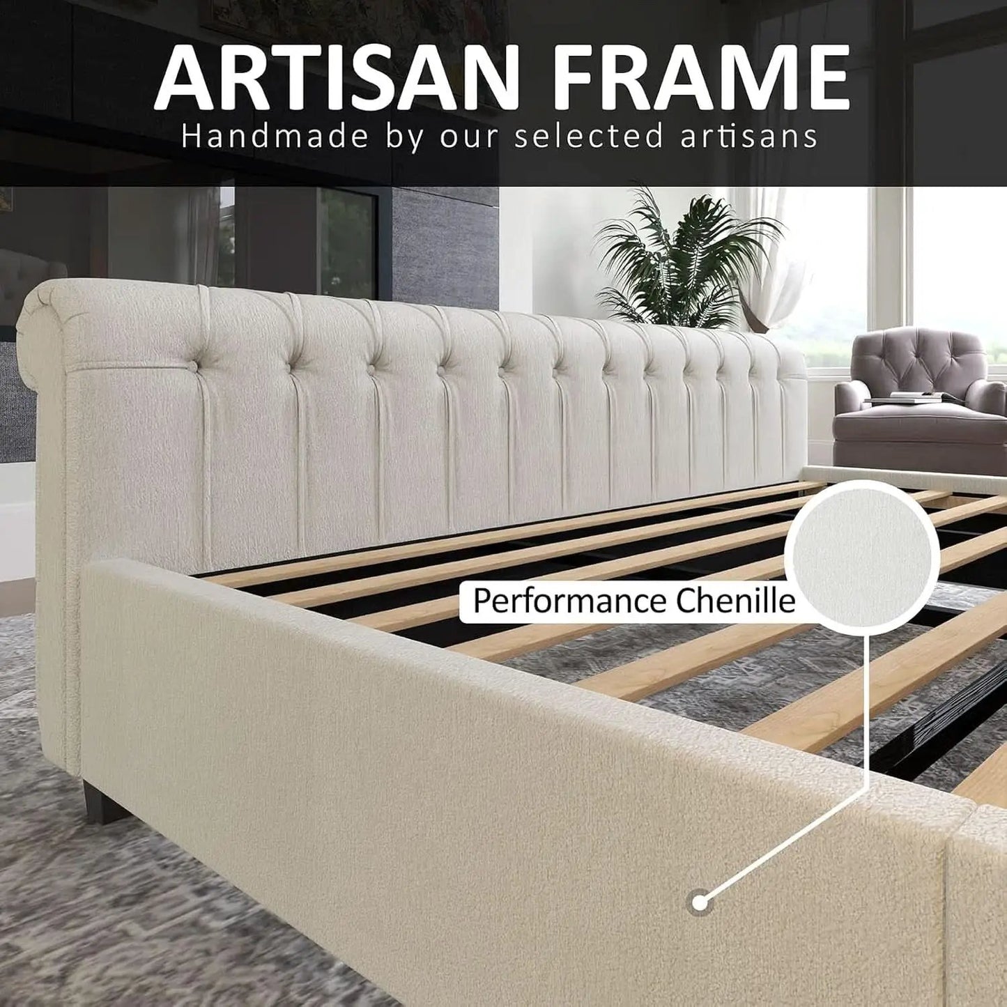 Queen Size Chenille Upholstered Sleigh Platform Bed with Button Tufted Headboard from PriceLows™