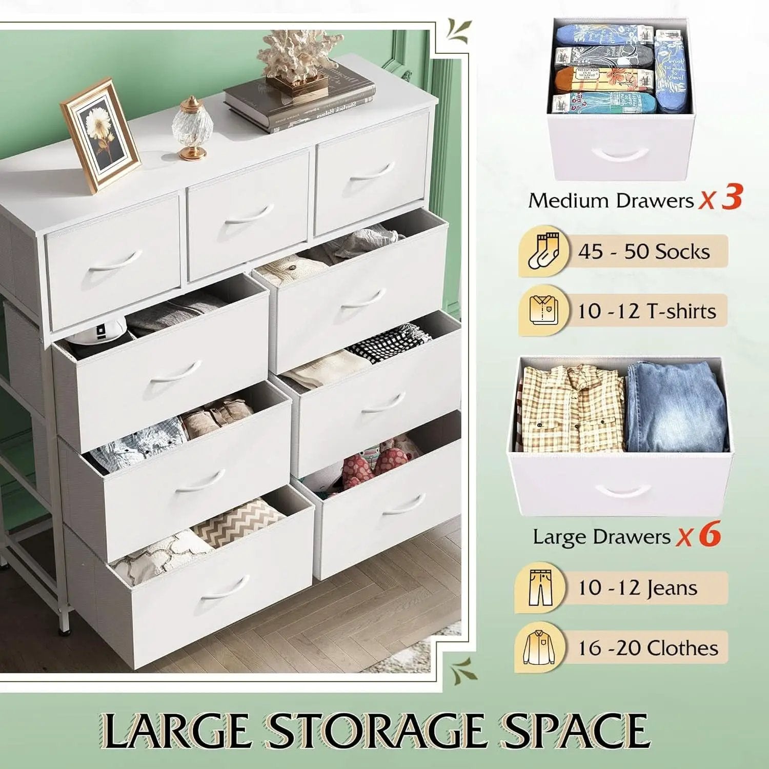 9 Drawer Fabric Dresser White With Steel Frame And Wood Top from PriceLows™