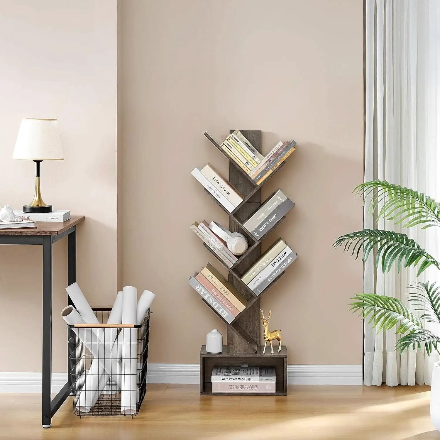 6 Tier Tree Bookshelf Bookcase With Drawer Grey Office from PriceLows™