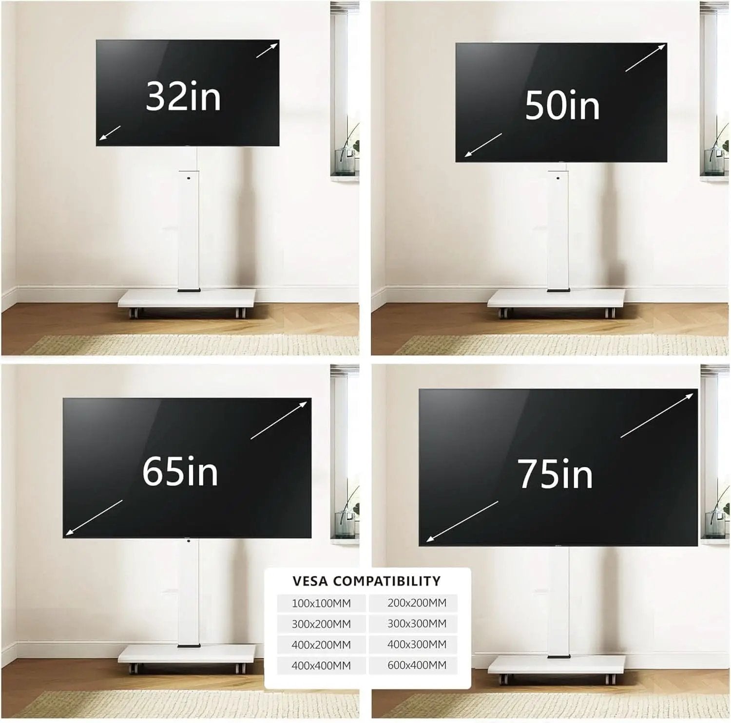 Rolling TV Stand On Wheels For 32 To 75 Inch TVs With 40 Degree Swivel from PriceLows™